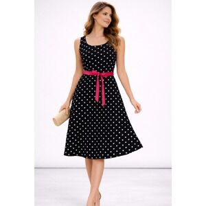 VTG Studio I Womens Dress 8 Black White Polka Dot Pink Tie Belt Retro Rockabilly